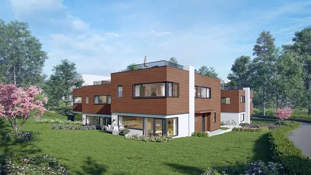 Prosjektet er tegnet av annerkjente Crux Arkitektur og består av tre eneboliger og en tomannsbolig. Illustrasjon - avvik vil forekomme.