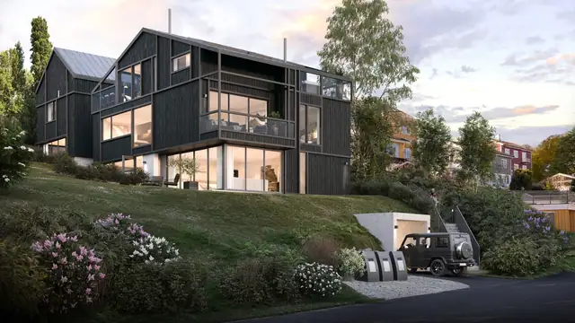 Røahagan 18 - adkomst fra Røahagan. 3 flotte arkitekttegnede familieboliger. Illustrasjon - avvik vil forekomme.