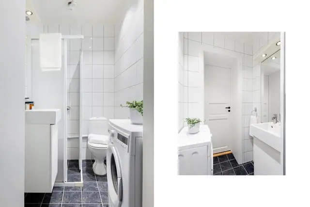 Flislagt bad med dusj, servant, toalett og opplegg for vaskemaskin.