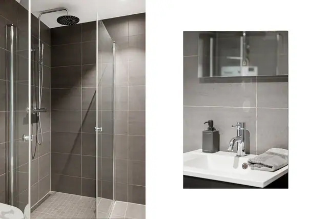 Badet er innredet med dusj, servant, toalett og har opplegg for vaskemaskin og tørketrommel.