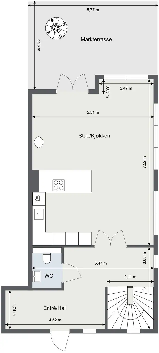 Plantegning med mål 1. Etasje.