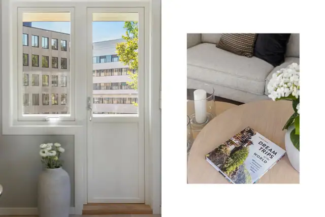 Detaljbilde stue. Utgang til sydvestvendt balkong på 10 m²