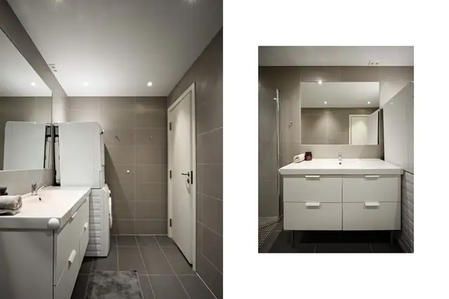 Plass til vaskemaskin og tørketrommel på badet gjør klesvasken lett tilgjengelig i hverdagen.