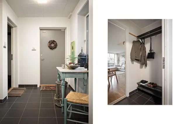 Velkommen inn! Entréen har flislagt gulv og plass til å henge fra seg yttertøyet før man går videre inn i stuen.